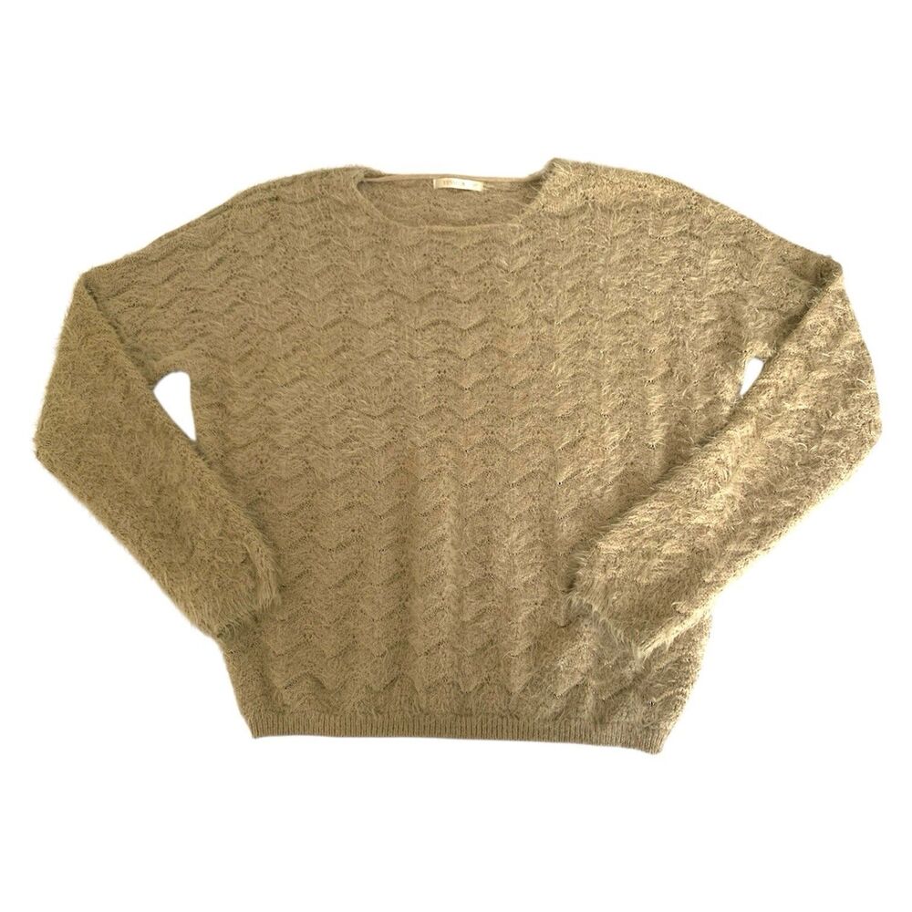 Yessica Sweater Women XL Fuzzy‎ Eyelash Knit Tan Metallic Pullover Feminine Soft